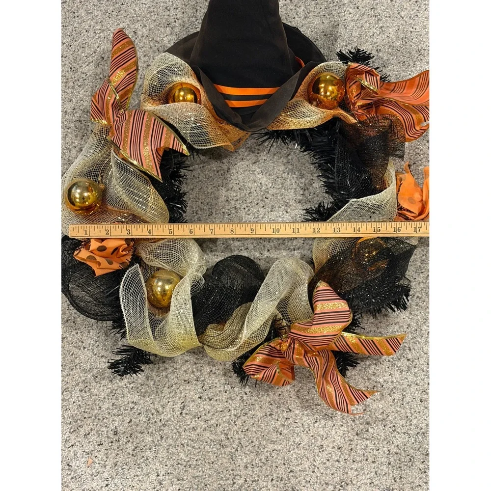 Halloween Witch Hat Wreath Black Tinsel Orange Gold Mesh Ribbon Decor 17in